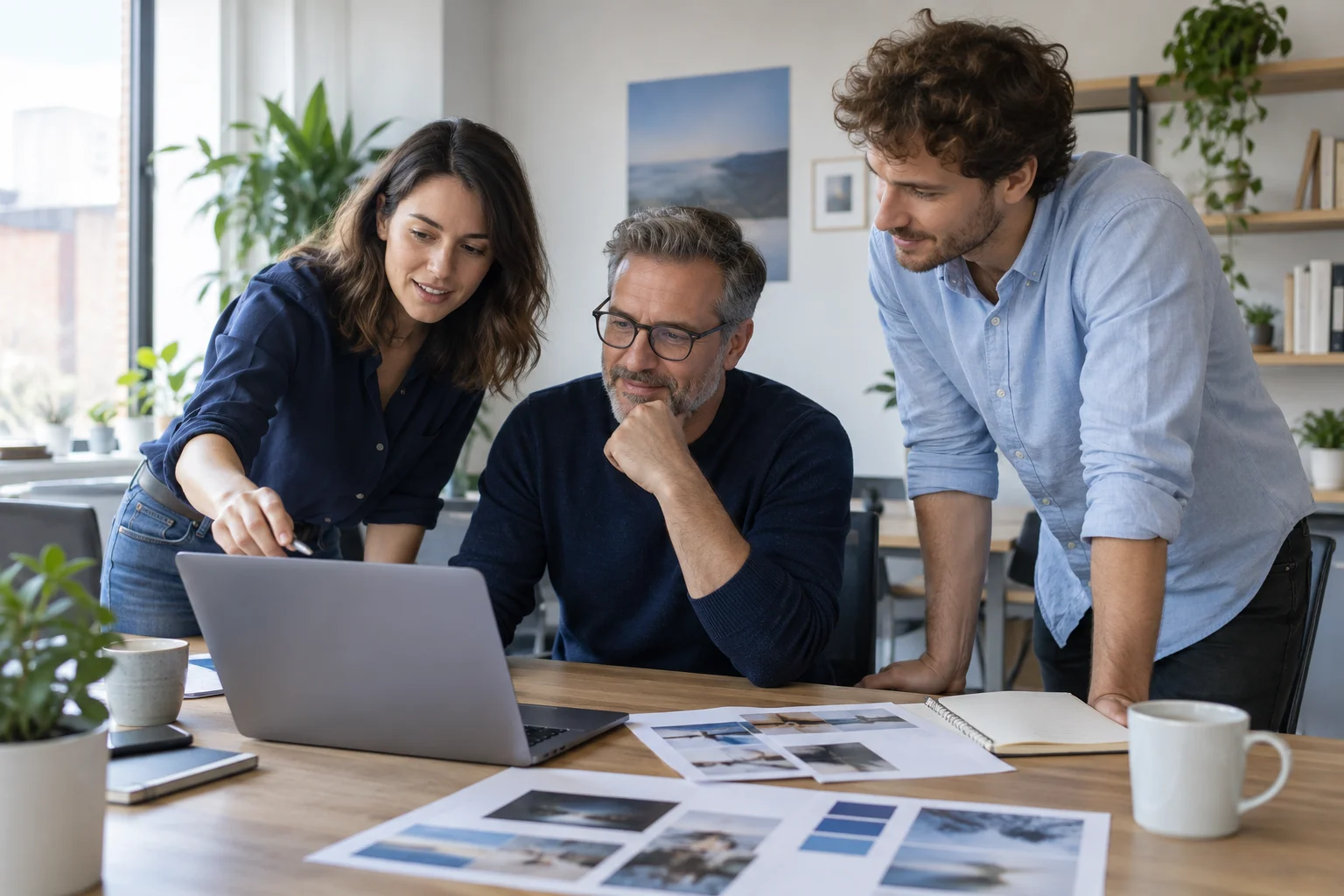 Illustrative scene of three business professionals discussing marketing ideas around a laptop.